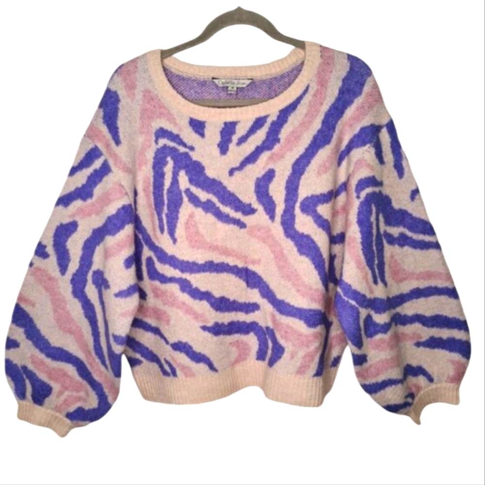 NEW Ophelia Roe Purple Zebra Striped Puffy Sleeve Pullover Sweater Plus Size 1X